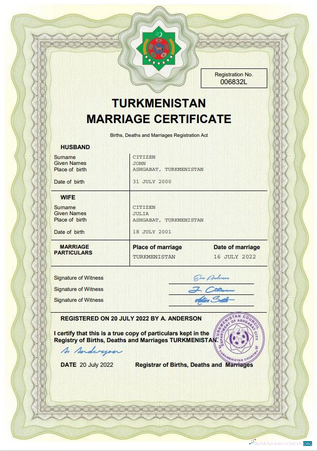 Download Turkmenistan marriage certificate Word and PDF template Photoshop template